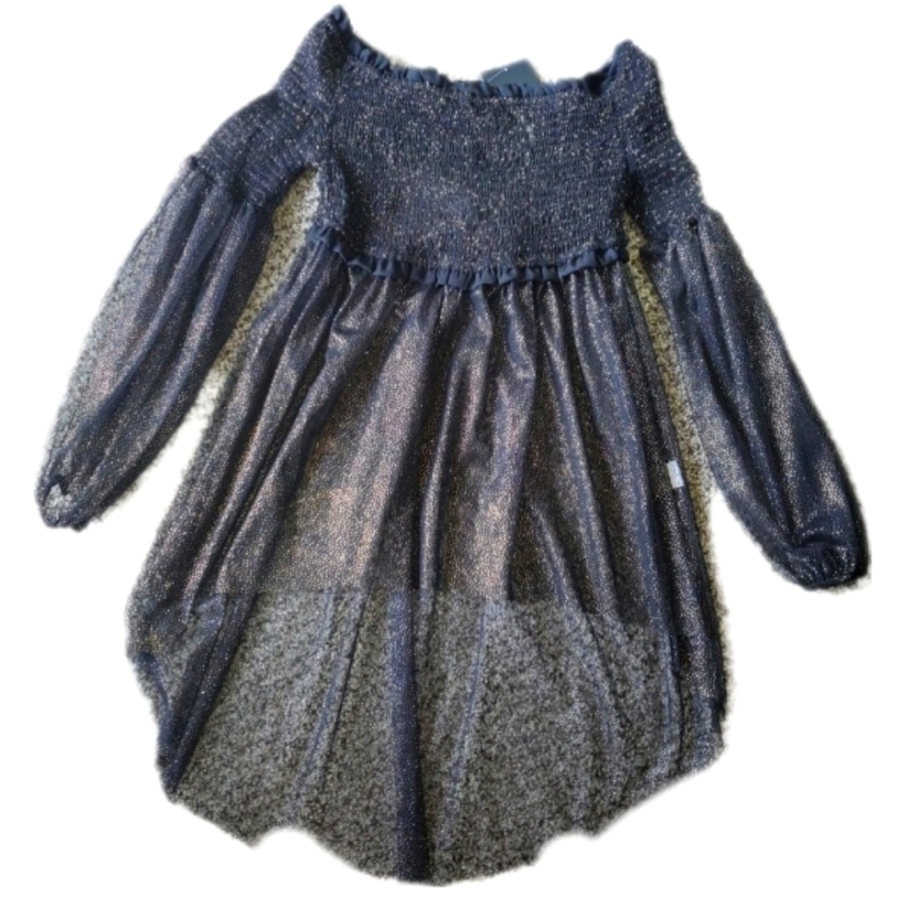BLK/GOLD SHEER IRIDESCENT HI-LOW SHIRT SZ. L